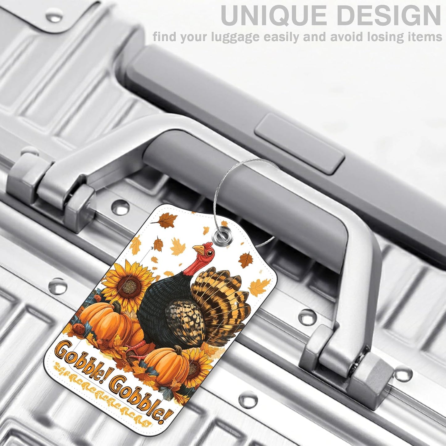 2 Pack Autumn Turkey and Pumpkin Luggage Tags for Suitcases Sunflower Leather Luggage Tags Privacy Cover ID Label with Stainless Steel Loop and Address Card for Women Men Travel Bag Backpack