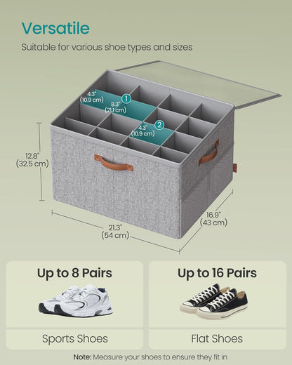 SONGMICS Shoe Organizers for Closet, Pack 2 Shoe Storage Bins, Fits 32 Pairs, Fabric Containers with Handles and Clear Cover, Adjustable Dividers, Customizable, Dove Gray ULSP556G01