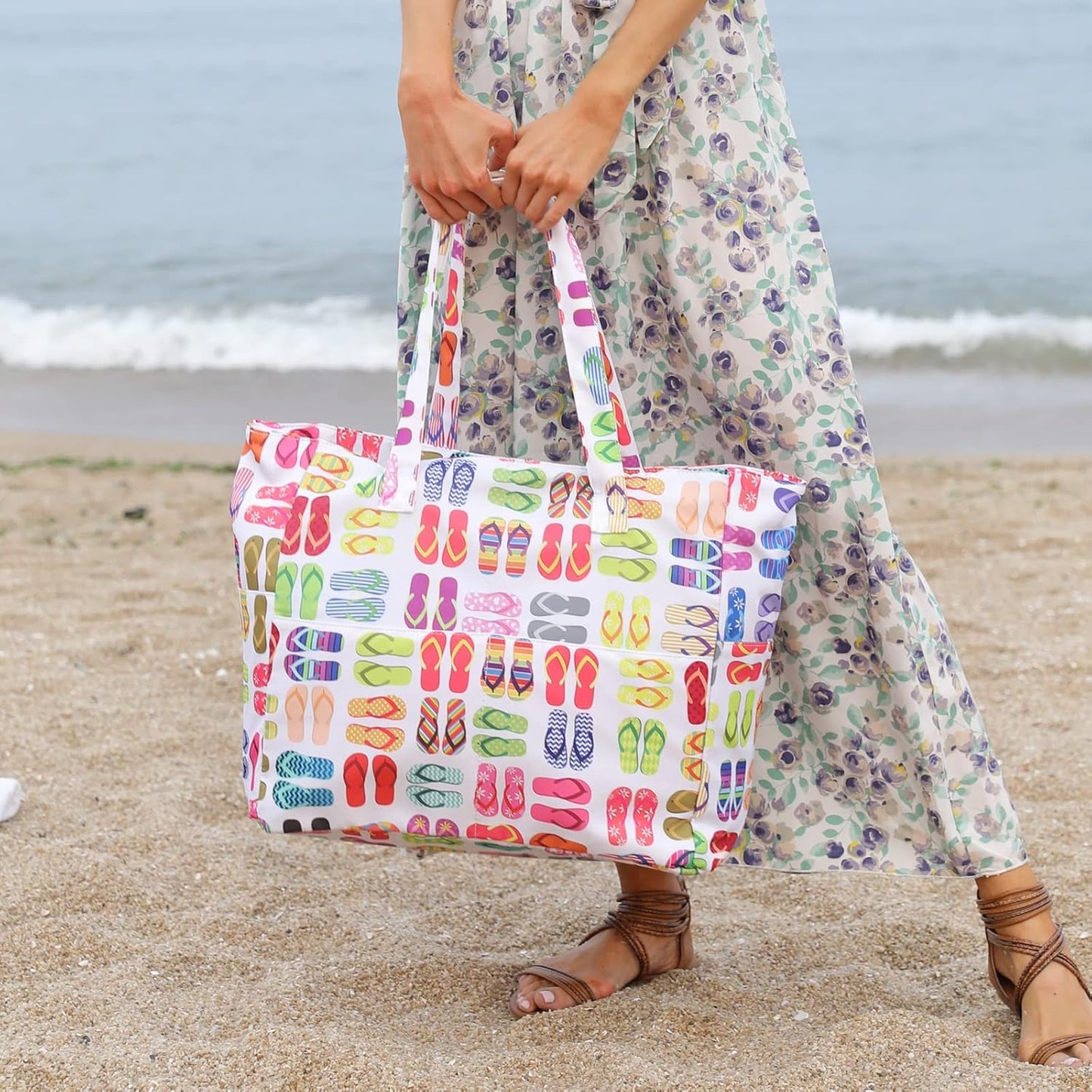 LEDAOU Large Beach Tote Bag Women Waterproof Sandproof Zipper Beach Tote Bag for Pool Gym Grocery Travel with Wet Pocket