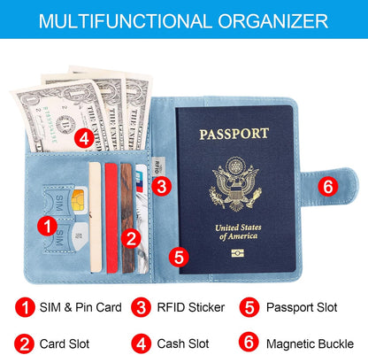 Passport Holders, RFID Blocking Credit Card Holder, PU Leather Vaccine Card Holders for Travel with Magnetic Buckle, Travel Must Haves Cruise Ship Essentials for Men, Women (Blue)