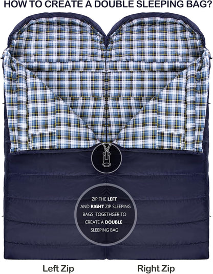 0 Degree Sleeping Bag 100% Cotton Flannel XXL for Adults Big and Tall Cold Weather Winter Zero Degree Camping,Free Compression Sack