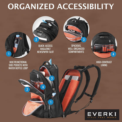 EVERKI 32L Atlas Business Laptop Backpack – Adjustable Compartment for Work, Travel-Friendly Business & Office Backpack for Men & Women, College, Durable Computer Bag, Fits 13"-17.3", Black