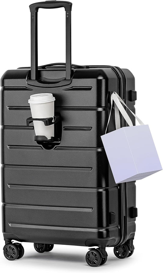 KYME 26 Inch Luggage TSA Approved Hardshell 26" Suitcases with Spinner Wheels Durable Medium Travel Checked Luggage with Cup Holder for Women Men Black