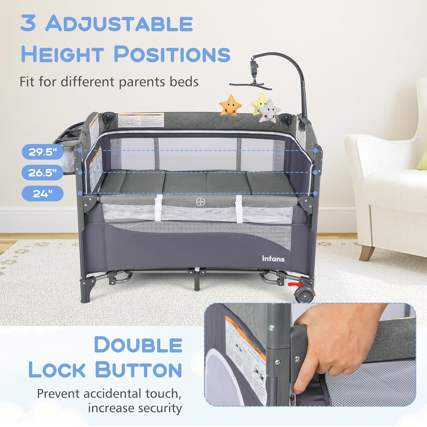 INFANS Pack and Play, 5 in 1 Baby Bedside Sleeper with Bassinet, Diaper Changer, Mattress, Carry Bag, Music Box Hanging Toys, Foldable Bedside Crib, Portable Playard for Newborn Toddlers (Classic)