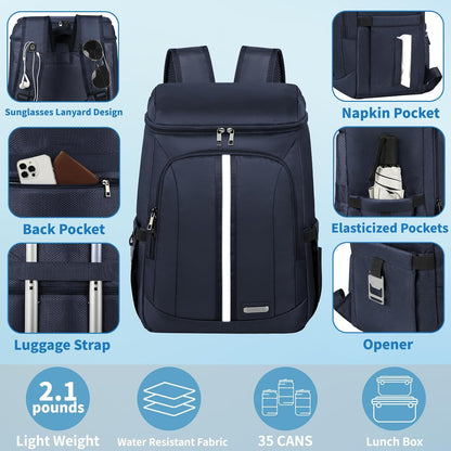 Backpack Cooler Insulated Leak Proof 35 Cans, 2 Insulated Compartments Thermal Bag, Portable Lightweight Beach Travel Camping Lunch Backpack for Men and Women, 30L, Reflective Stripes, Water-Resistant