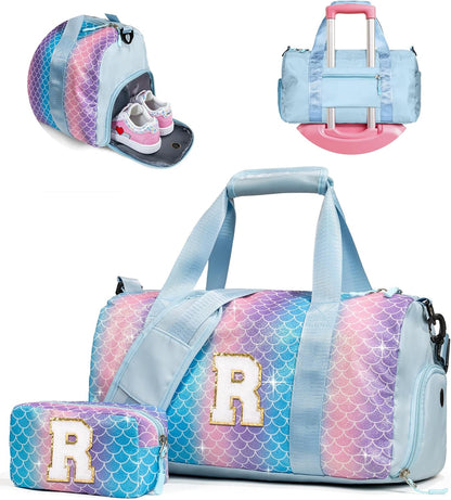 Easter Gifts for Kids-Girl Gym Bag with Shoe Compartment, Kid Personalized Weekender Overnight Bags, Initial Travel Tote with Makeup Pouch, Valentines Day Gift for Girls (Letter R)