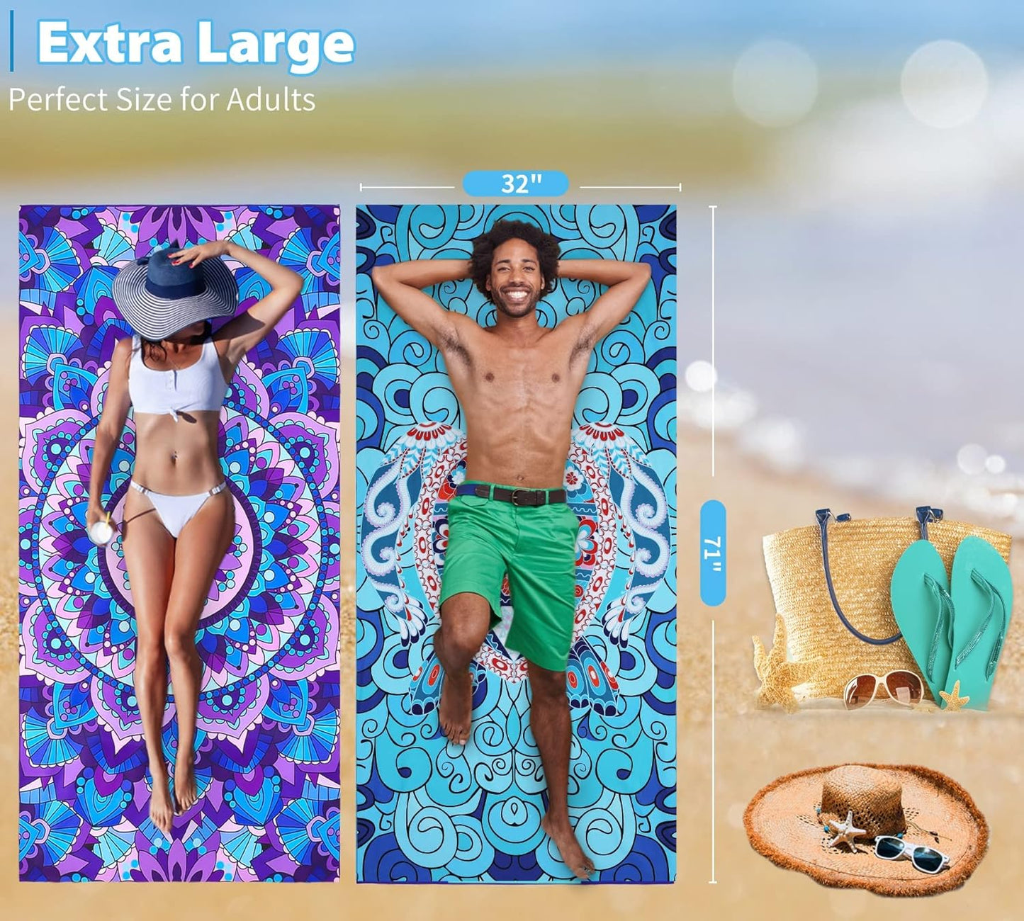 4 Pack Microfiber Oversized Lightweight Beach Towel 71"x32" Extra Thin Large Sand Free Towels Travel Swim Pool Yoga Gym for Adults Women Men Beach Essentials Accessories Vacation Gift