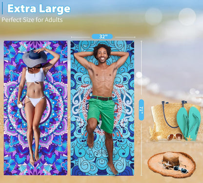 2 Pack Microfiber Oversized Lightweight Beach Towel 71"x32" Extra Thin Large Sand Free Towels Travel Swim Pool Yoga Gym for Adults Women Men Beach Essentials Accessories Vacation Gift