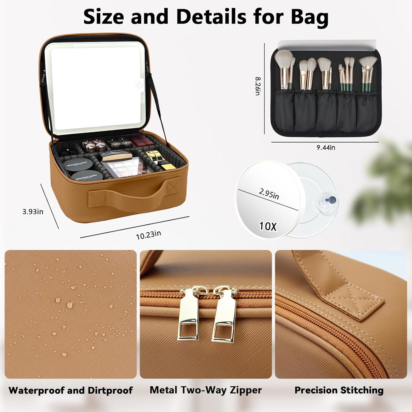 Travel Makeup Bag with LED Mirror and 10x magnifying glass with 3 Lighted Settings, Adjustable Dividers and Makeup Brush Storage Bag Brown