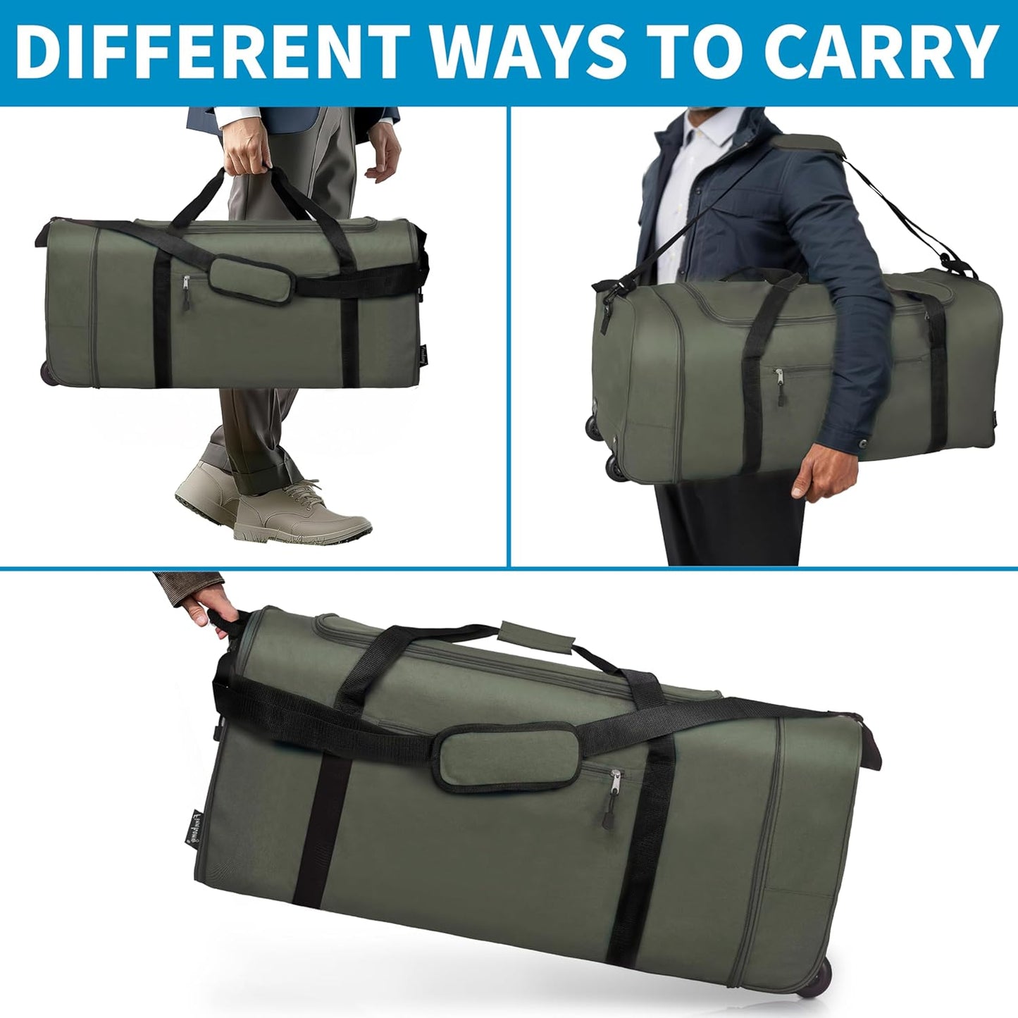 Finnhomy 100L Foldable Rolling Duffel Bag with 2 Wheels, Light Weight Travel Duffel bag with Large Loading Capacity, 32 inch Rolling Duffel bag with Shoulder Strap for Travel Camping Sports, Green