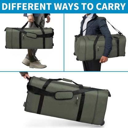 Finnhomy 100L Foldable Rolling Duffel Bag with 2 Wheels, Light Weight Travel Duffel bag with Large Loading Capacity, 32 inch Rolling Duffel bag with Shoulder Strap for Travel Camping Sports, Green