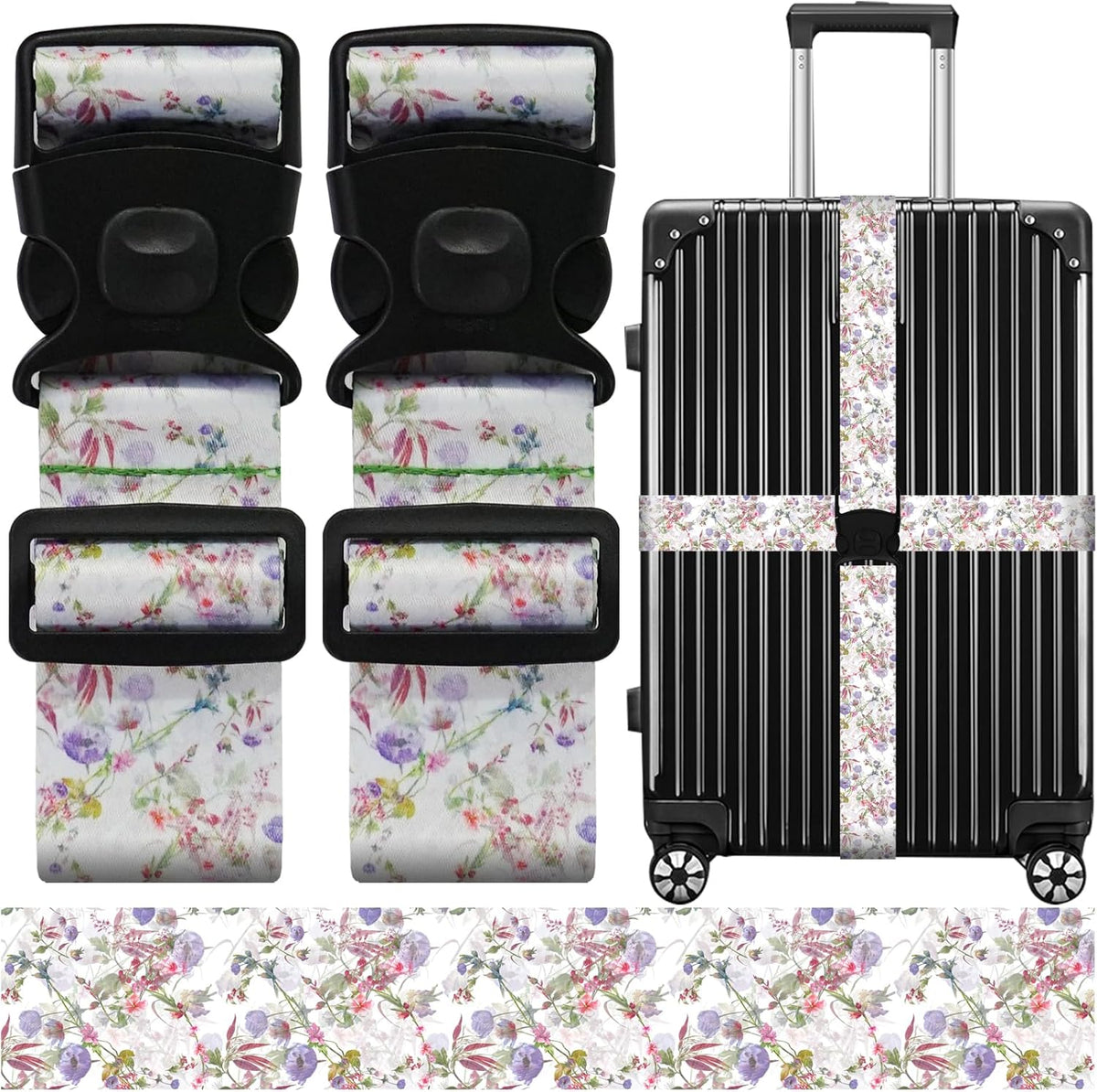 Luggage Straps for Suitcases, Travel Adjustable Belt with Quick Release Buckle, Heavy Duty Nylon Bag Packing Strap, Unique Bright Identifiers Business Travel Accessories (2 Pack) - Purple Flowers