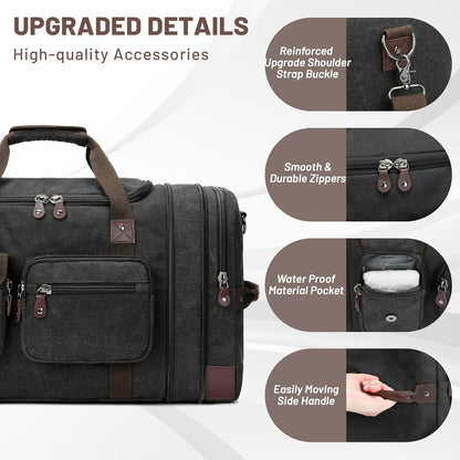 Travel Duffle Bag for Men, Heavy Duty Canvas Duffle Bag, Carryon Bags for Airplanes, Expandable Vintage Leather Overnight Luggage Weekender Bag, Waterproof Anti-tear Canvas Bag