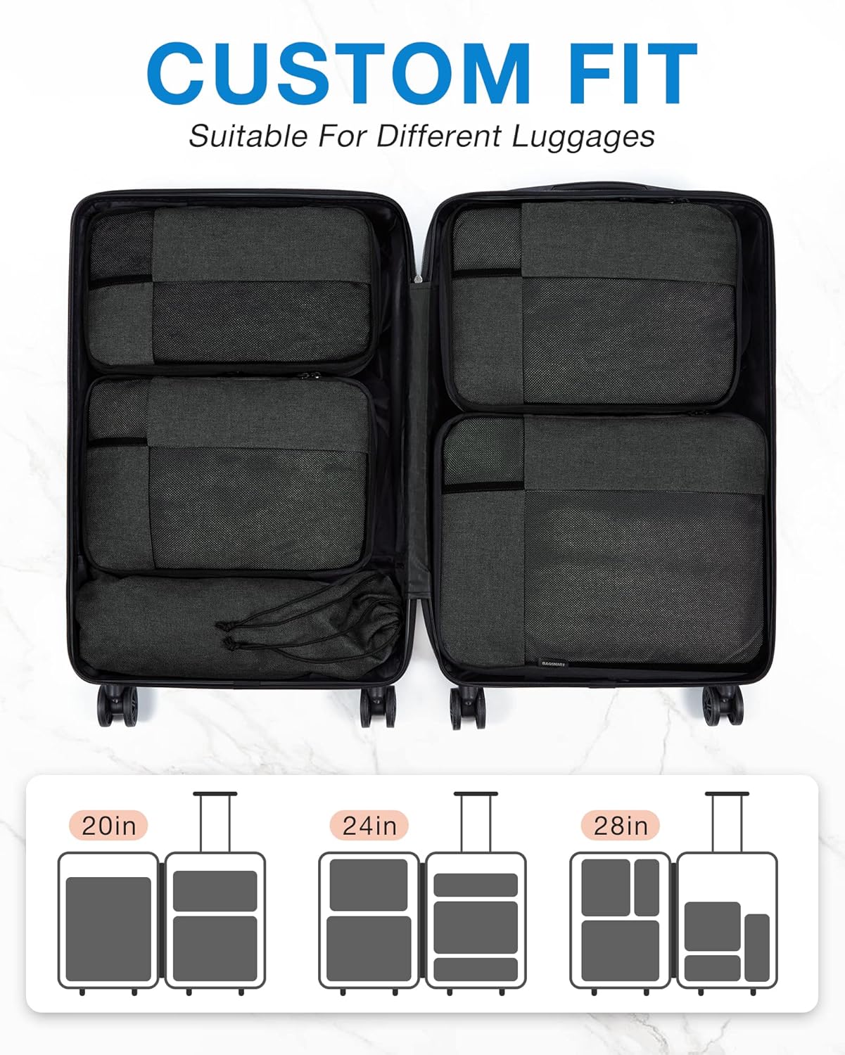 BAGSMART Compression Packing Cubes for Travel, 6 Set Packing Cubes for Carry on Suitcases, Compression Travel Cubes & Suitcase Organizer for Packing with Shoe Bag Black