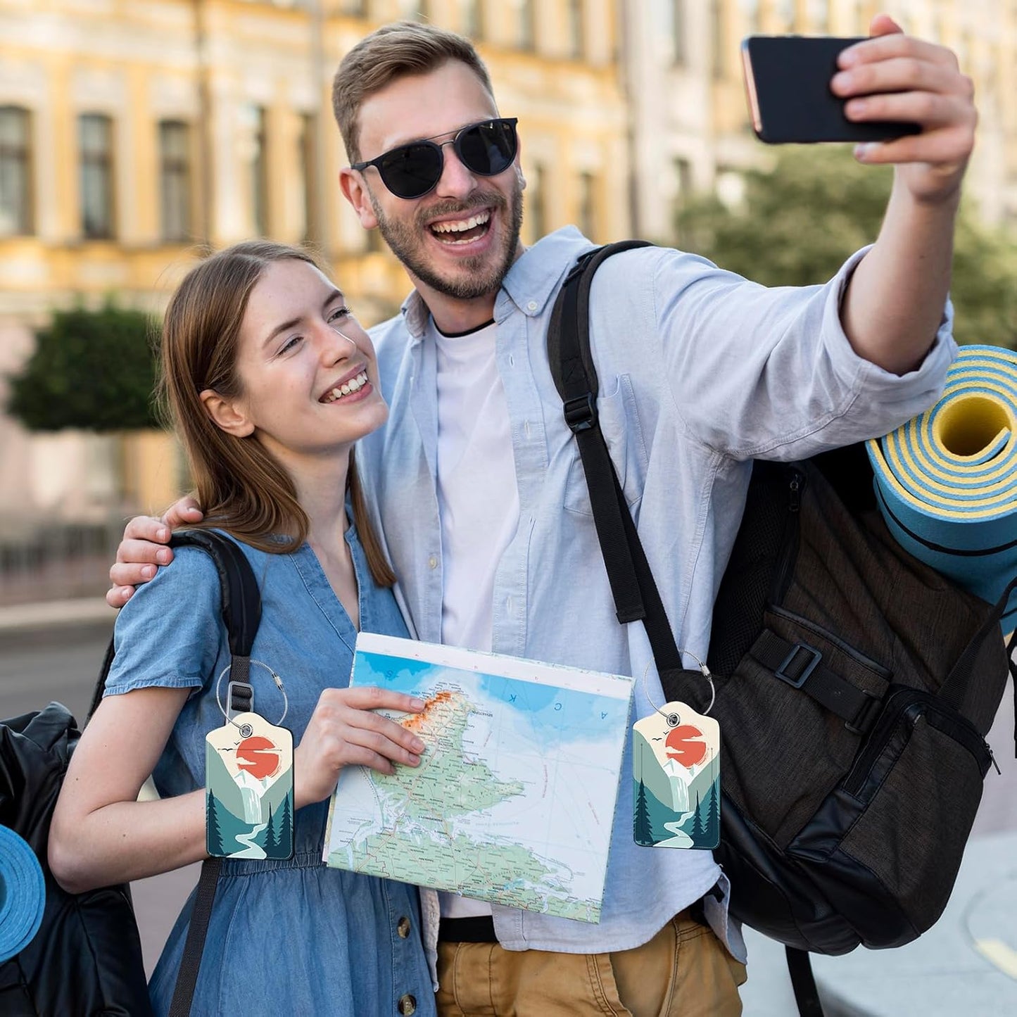 2 Pcs Mountain Sun Luggage Tags for Suitcases Men, Leather Luggage Tags for Men, Privacy Cover ID Label with Stainless Steel Loop & Address Card, Fun Travel Bag Tags Luggage Accessories for Suitcases