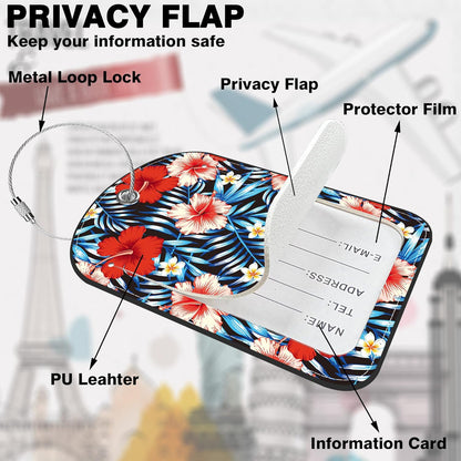 2 PCS Leather Luggage Tag for Suitcase Palm Leaves and Hibiscus Flower Travel Suitcase Labels with Privacy Name ID Label and Stainless Steel Loop for Adults Teens Travel Bag Labels Set