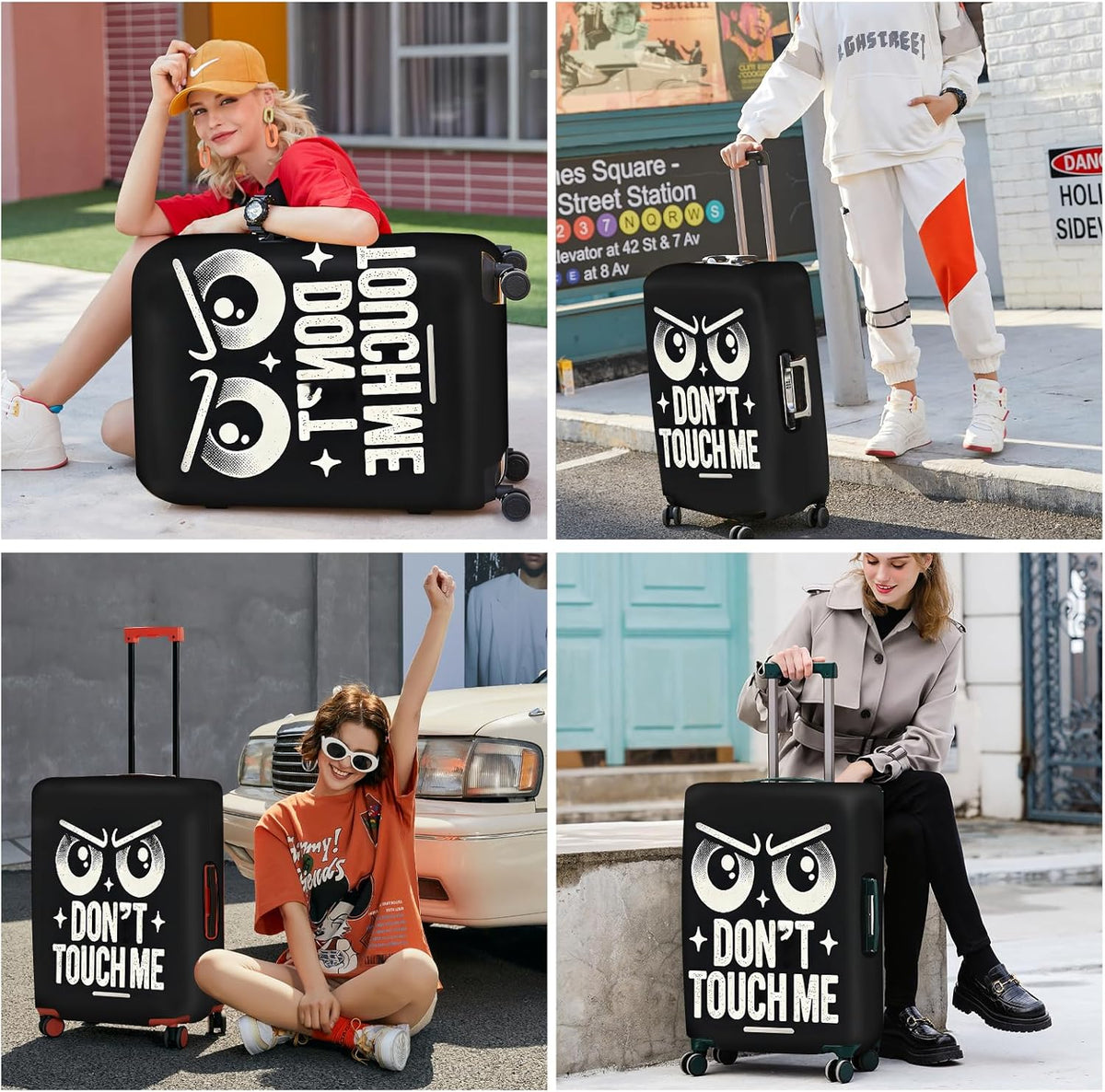 ANNA QUEEN Funny “Don’t Touch Me” Luggage Cover, Bold Black Suitcase Protector with Angry Eyes Design, Stretchable, Washable Travel Cover for 32-34 Inch Luggage