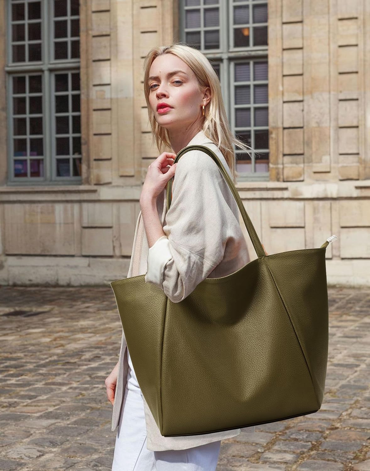 KALIDI Large Tote Bag Vegan Leather Casual Zipper Work Bag Weekender Hobo for Women 23L Oversize Shoulder Travel Purse