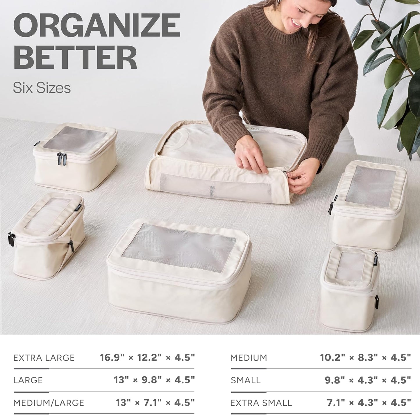 Compression Packing Cubes for Travel - Luggage Organizer Bags - Double Zipper Packing Cubes for Suitcases (6-Pack, Beige)