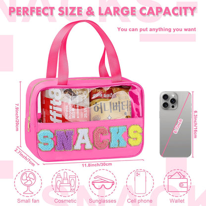 Snack Bag for Travel - Chenille Letter Clear Makeup Bag, Large Preppy Patch Snack Cosmetic Bag with Handle and Zipper, Cute Makeup Pouch Nylon&PVC Waterproof Toiletry Organizer Storage for Women Girls