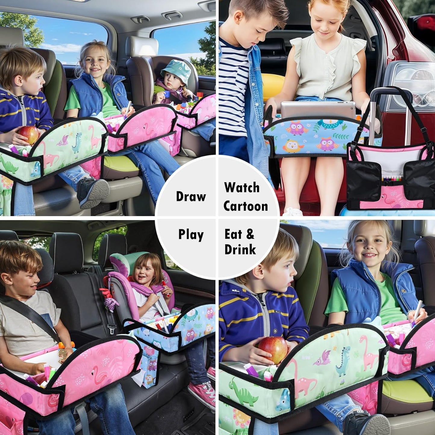 Kids Travel Tray, 3PCS Car Seat Tray for kids Travel, Toddler Road Trip Essentials With Drawing Kit, Toddler Lap Desk Organizer for Car, Carseat Table for Airplane