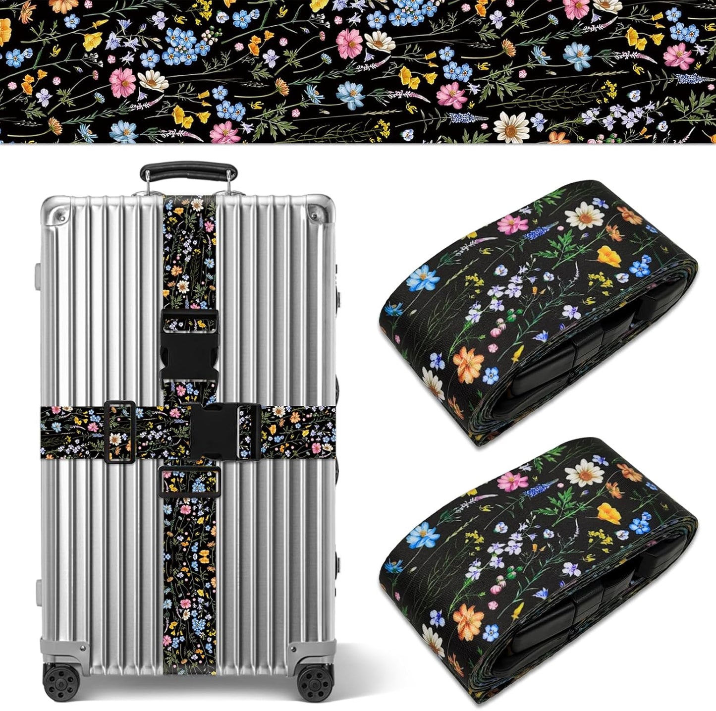 2 Pack Wildflower Luggage Straps for Suitcases Adjustable Travel Belt Luggage Tie Carry On Bag Suitcase Strap to Keep Suitcase Secure While Traveling