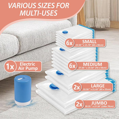 Cozy Essential 16 Pack Vacuum Storage Bags with Electric Pump, Vacuum Seal Space Saver Bags for Clothing, Pillows, Blanket, Bedding, Comforters