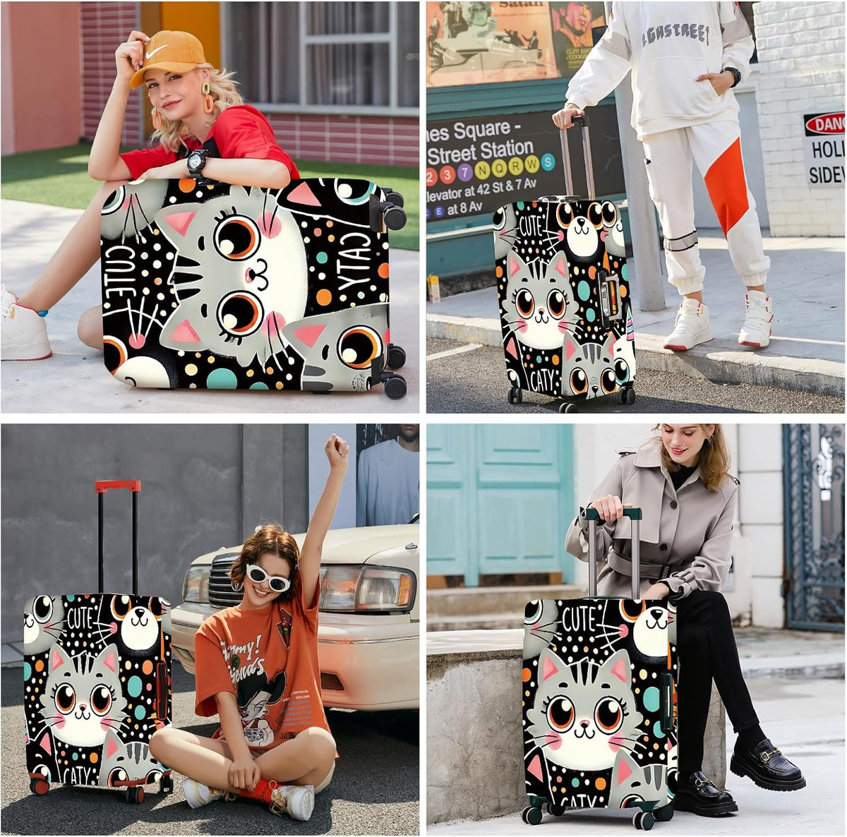 ANNA QUEEN Cute Cat Luggage Cover, Kawaii Cartoon Kitty Suitcase Protector with Colorful Polka Dot Design, Stretchable, Washable Travel Cover for 24-26 Inch Luggage