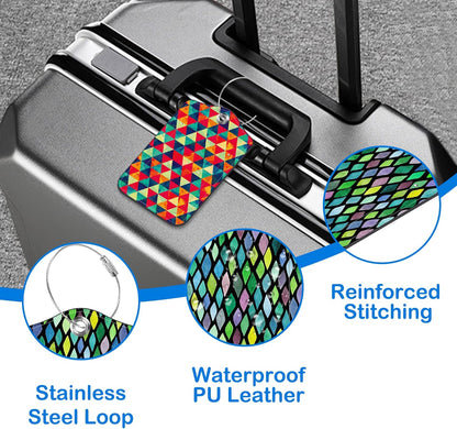 Watercolor Rhombus and Colored Triangle Luggage Tags for Suitcases Leather Travel Tags for Luggage ID Label with Privacy Cover and Stainless Steel Loop for Men Women Suitcase Backpack, Set of 2