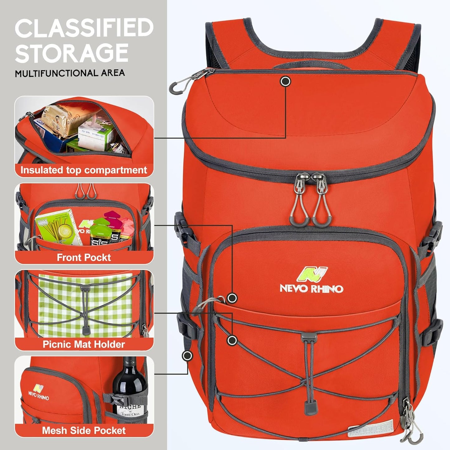 N NEVO RHINO Backpack Coolers Insulated Leak Proof 36/54 Cans,Portable Lightweight Waterproof Insulated Cooler Backpack for Men & Women Ideal for Camping,Travel,Beach,Picnics,Lunch & Day Trips