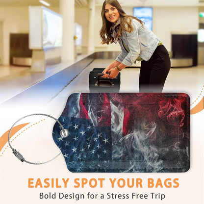 Vintage American Flag 3 Pack Luggage Tags for Suitcases, Smoky US Flag Art PU Leather Luggage Tag for Travel, Bag Tags with Privacy Name ID Card and Steel Loop for Women Men