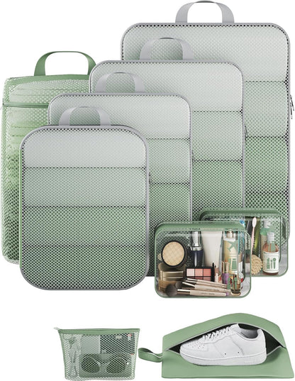 Veken 9/11 Set Compression Packing Cubes for Travel Essentials,Compressible Expandable Large Luggage Suitcase Organizer Bags for Clothing,Durable Space Saver Storage Bags(Matcha Green)