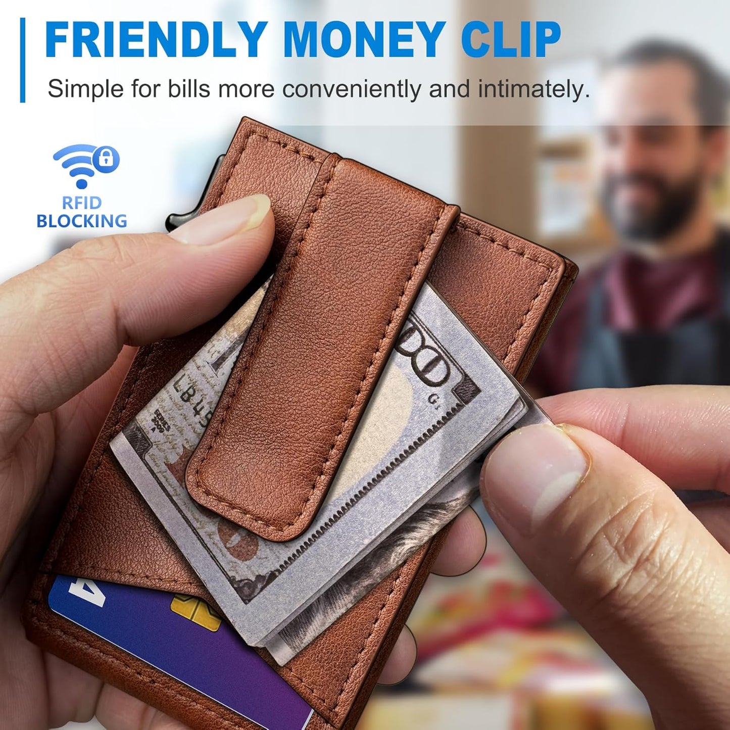 Airtag Wallet for Men,with Money Clip Gift Boxed,Slim Front Pocket Wallet RFID Blocking Metal Case Smart Pop-up Credit Card Holder in Magnetic Leather Flip