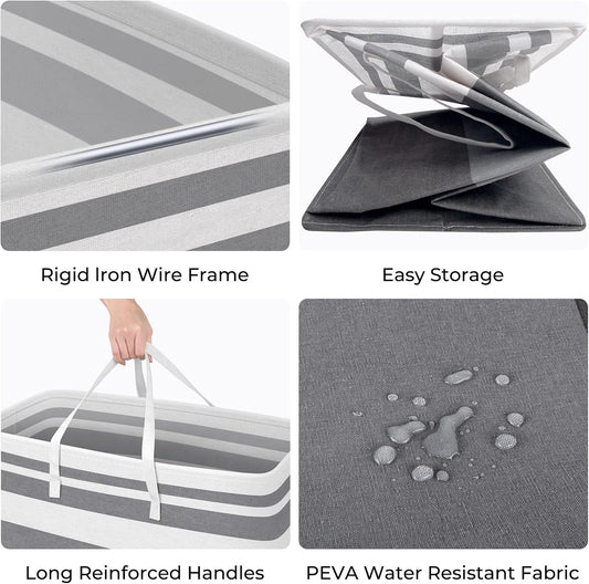 HomeHacks 2 Pack Large Laundry Baskets, Waterproof, Freestanding Laundry Hampers, Collapsible Clothes Hamper with Reinforced Handles in Laundry, College Dorm, Bathroom, Bedroom (Grey+Blue, 100Lx2)