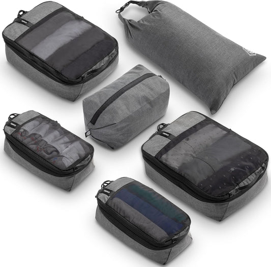 Premium Compression Packing Cubes for Travel, Compression Packaging Cube, Zip Bags Premium 6-Piece Set with laundry bag and shoe bag by TRIPPED Travel Gear (Grey Mesh)