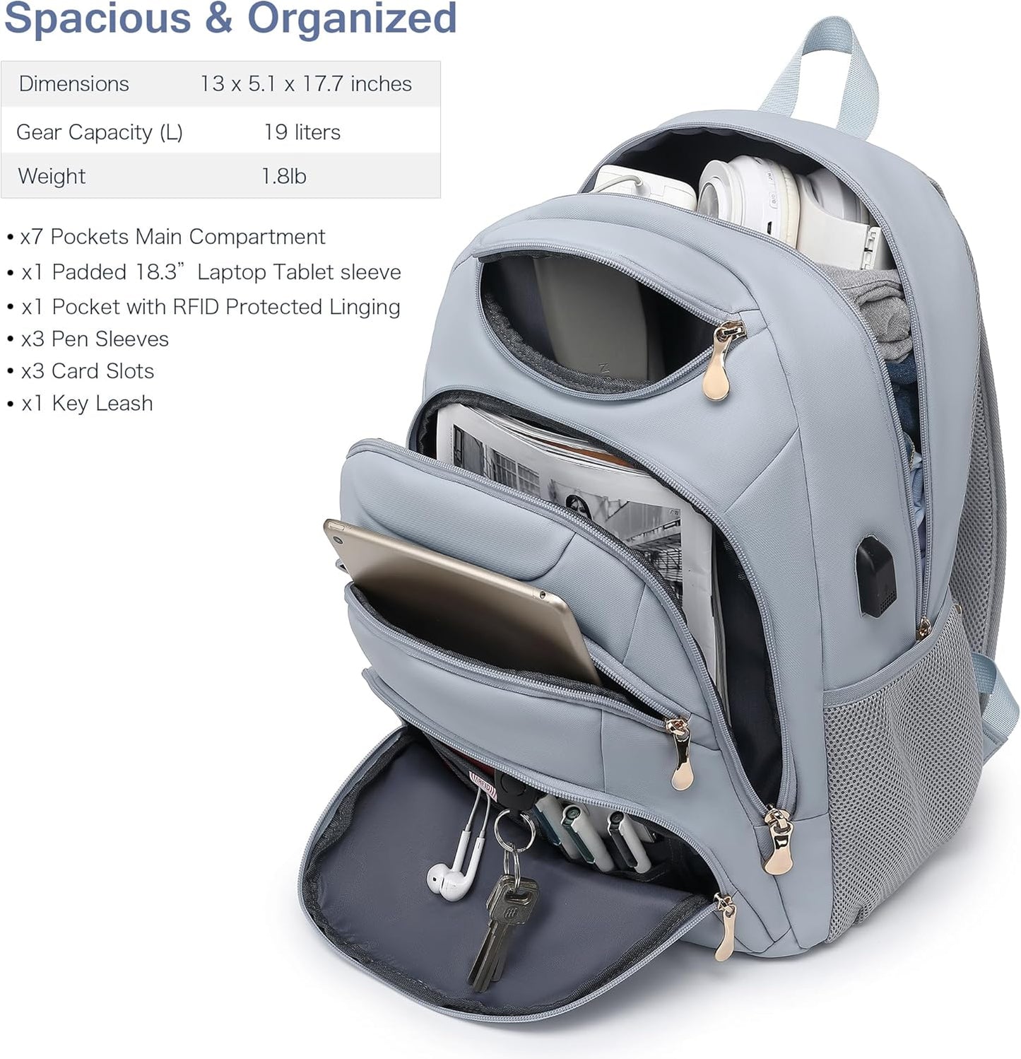 Boavan Laptop Backpack for women, 15.6 inch Laptop Bag with USB Port, Waterproof Travel Work Backpack Purse, Anti-Theft Teacher Nurse Doctor Casual Bookbags Office Business backpack，Blue