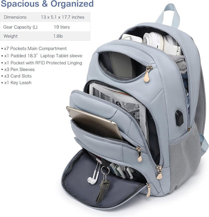 Boavan Laptop Backpack for women, 15.6 inch Laptop Bag with USB Port, Waterproof Travel Work Backpack Purse, Anti-Theft Teacher Nurse Doctor Casual Bookbags Office Business backpack，Blue