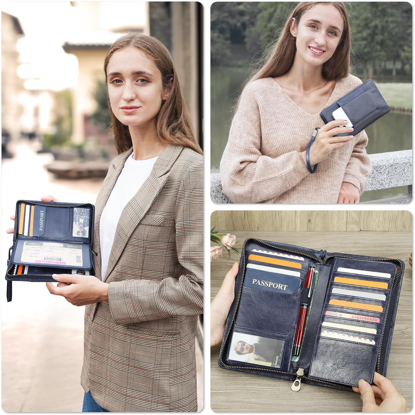 Top Grain Leather Travel Passport Wallet Holder for Man & Woman, Handmade with Three-Layer for 4 Passports & Multi Cards, RFID Blocking Large Capacity for Cards/Passports/Tickets, Blue