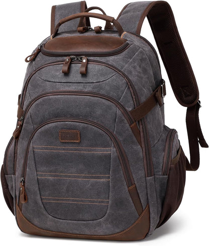 Travel Laptop Backpack 17.3 inch XL Computer Backpack for Men Waxed Canvas College Daypack Business Backpack Black Gray
