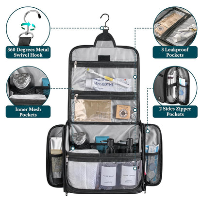 PAVILIA Large Hanging Toiletry Bag Travel Bag Women Men, Cosmetic Organizer, Water Resistant Makeup Bag Accessories Toiletries, Travel Essentials Kit, Black