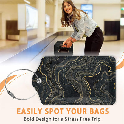 Abstract Line Art 3 Pack PU Leahter Luggage Tag with Stainless Steel Loop, Monochrome Marble Travel Suitcase Labels with Privacy Cover ID Label Quickly Spot for Bags