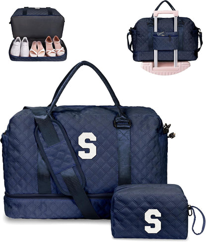 Gifts for Granddaughter-Initial Duffle Bag with Shoe Compartment, Personalized Weekender Bag, Monogram Overnight Bag, Letter Travel Bag with Makeup Bag，Daughter Friend Gifts (Letter S)