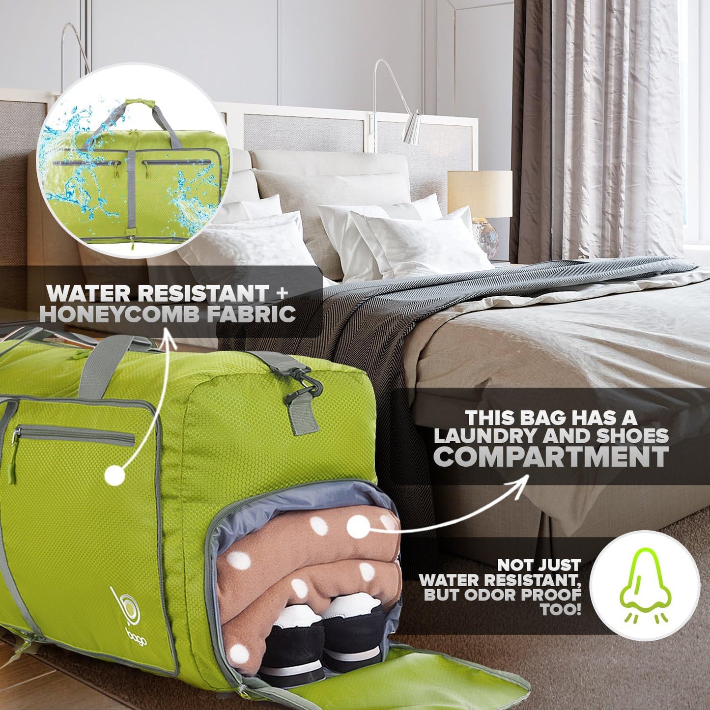 Bago Large Foldable Duffel Bags for Traveling Women & Men - 80L Packable Duffle Bag for Travel with Shoe Compartment - Water Repellant, Heavy Duty, Lightweight Folding & Collapsible (Green)