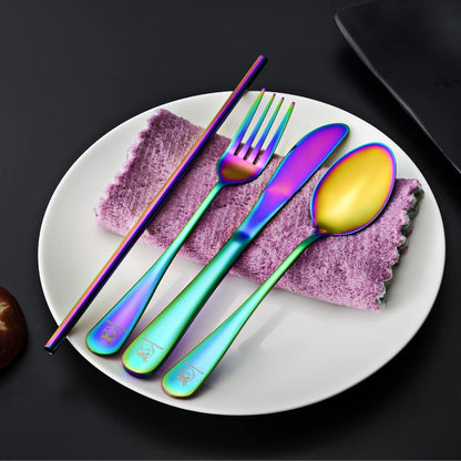 Boulder Bee | Travel Utensils Set | Reusable Camping Cutlery Set | Stainless Steel Flatware Set | Portable Silverware Set with Case | Includes Knife/Fork/Spoon/Straw/Cleaning Cloth/Case (Rainbow)