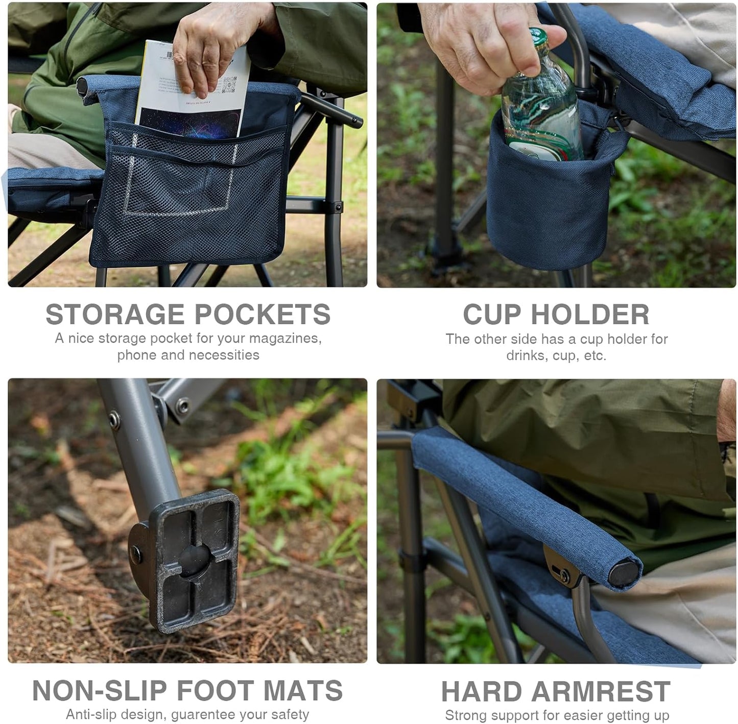 EVER ADVANCED Padded Oversized Folding Camping Chair for Adults, Heavy Duty Lawn Chair with Side Pockets, Portable Collapsible Quad Chair for Outside, Support Up to 500lbs, Blue