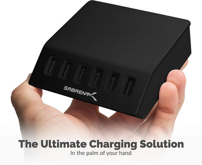 SABRENT Premium 60 Watt (12 Amp) 6 Port Aluminum Family Sized Desktop USB Rapid Charger.[UL Certified ] Smart USB Charger with Auto Detect Technology [Black] (AX-FLCH-B)