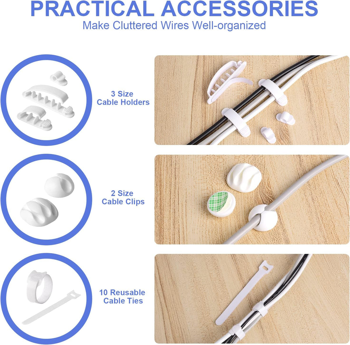 Chouky Cable Organizer Box Set of Three, Power Cover Cord Holder Surge Protector for Desk (White)