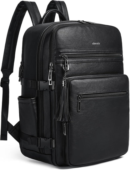 Shrrie Laptop Backpack for Women,Vegan Leather Backpack Work Computer Backpacks fits 16" Laptop,Water Resistant Teacher Nurse Casual Daypack for Weekender Camping Travel,Two-toned Black