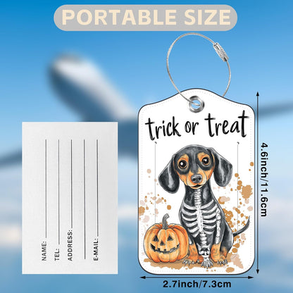 Halloween Funny Dachshund Dog and Pumpkin Set of 2 Luggage Tags for Suitcases Leather Suitcase Tags with Privacy Name Address Label and Stainless Steel Loop for Women Men Travel Luggage Accessories