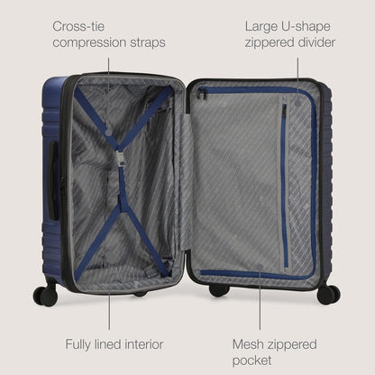 U.S. Traveler Boren Polycarbonate Hardside Rugged Travel Suitcase Luggage with 8 Spinner Wheels, Aluminum Handle, Navy, 3-Piece Set, USB Port in Carry-On